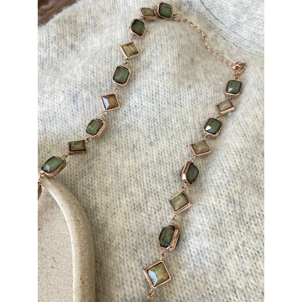 Green Aurora Glass Station Necklace Rose Gold Tone Geometric Link Long Bezel Set